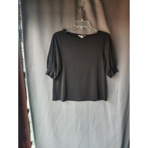 HM Black Puff Sleeve Boat Neck Blouse Small Elbow Length Pleated Cuff Top